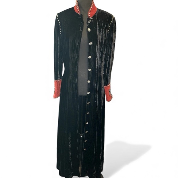 Double D Ranch heavily embellished black velvet duster jacket with red suede - Picture 4 of 14